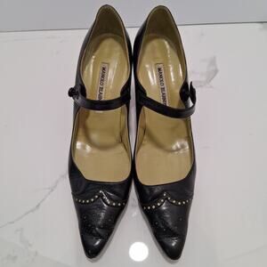 Malono Blahnik Leather Mary Jane 3 Inch Heel Pointed Toe Pumps Women Black SZ-39